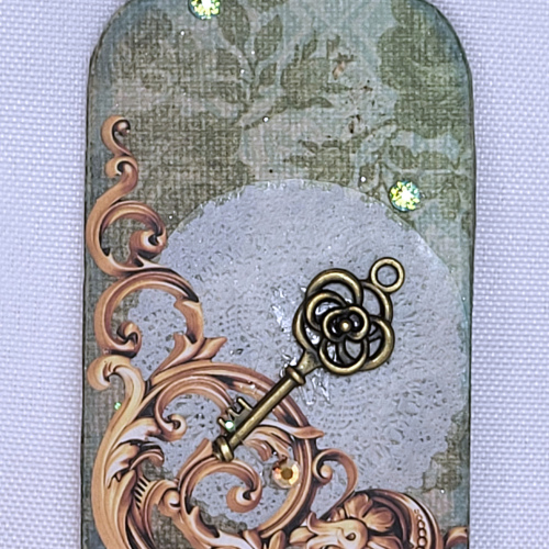 Mixed-media Tag Brass Key and Doily on Green
