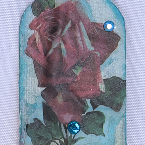 Mixed-media Tag Red Rose/Teal Rhinestone on Aqua