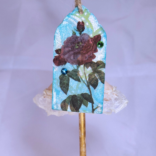 Mixed-media Tag Red Rose/Crystals on Aqua