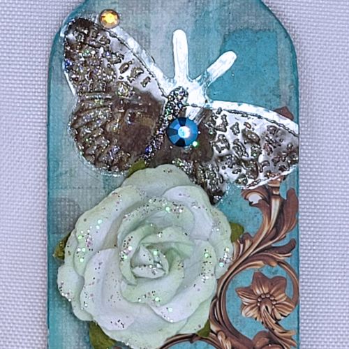 Mixed-media Tag Mint Flower/Butterfly on Aqua
