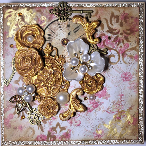 Mixed-media Wood Pink Damask and Gold