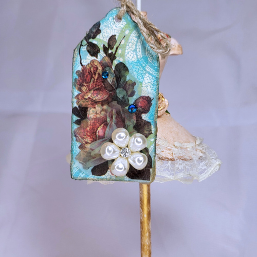 Mixed-media Tag Roses and Rhinestones on Aqua