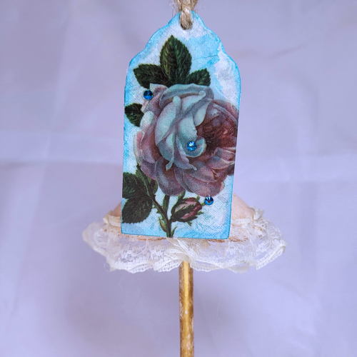 Mixed-media Tag Pink Rose on Aqua